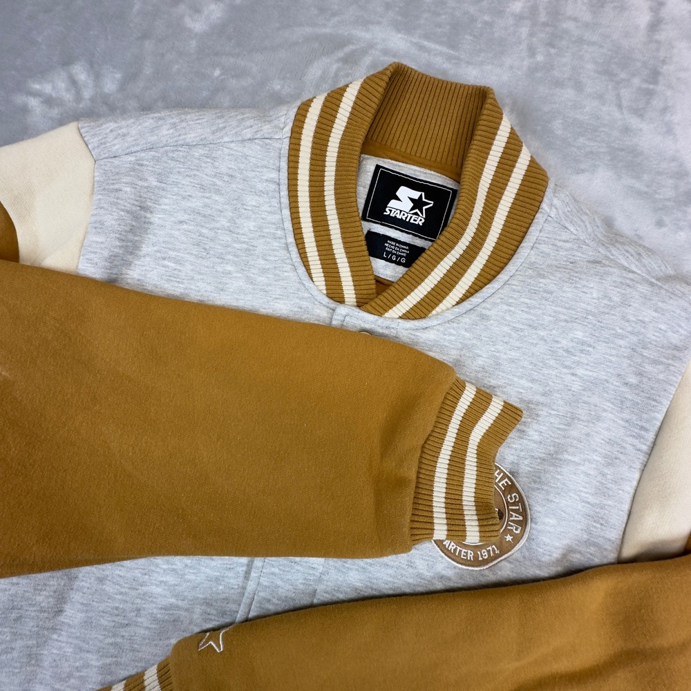 Starter Since 1971 Varsity Bomber Jacket Large Gray Mustard Gold Snap Look‎ Star